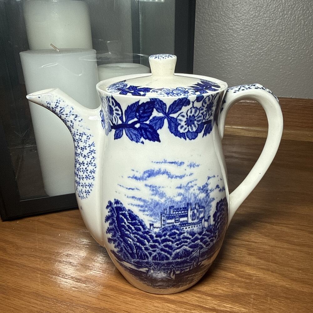 VTG Blue White Japan Transferware Teapot Decor Countryside Scene Floral Drains